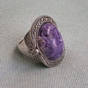 Elegant Vintage Sterling Silver Purple Charoite and Marcasite Ring Size 6.5